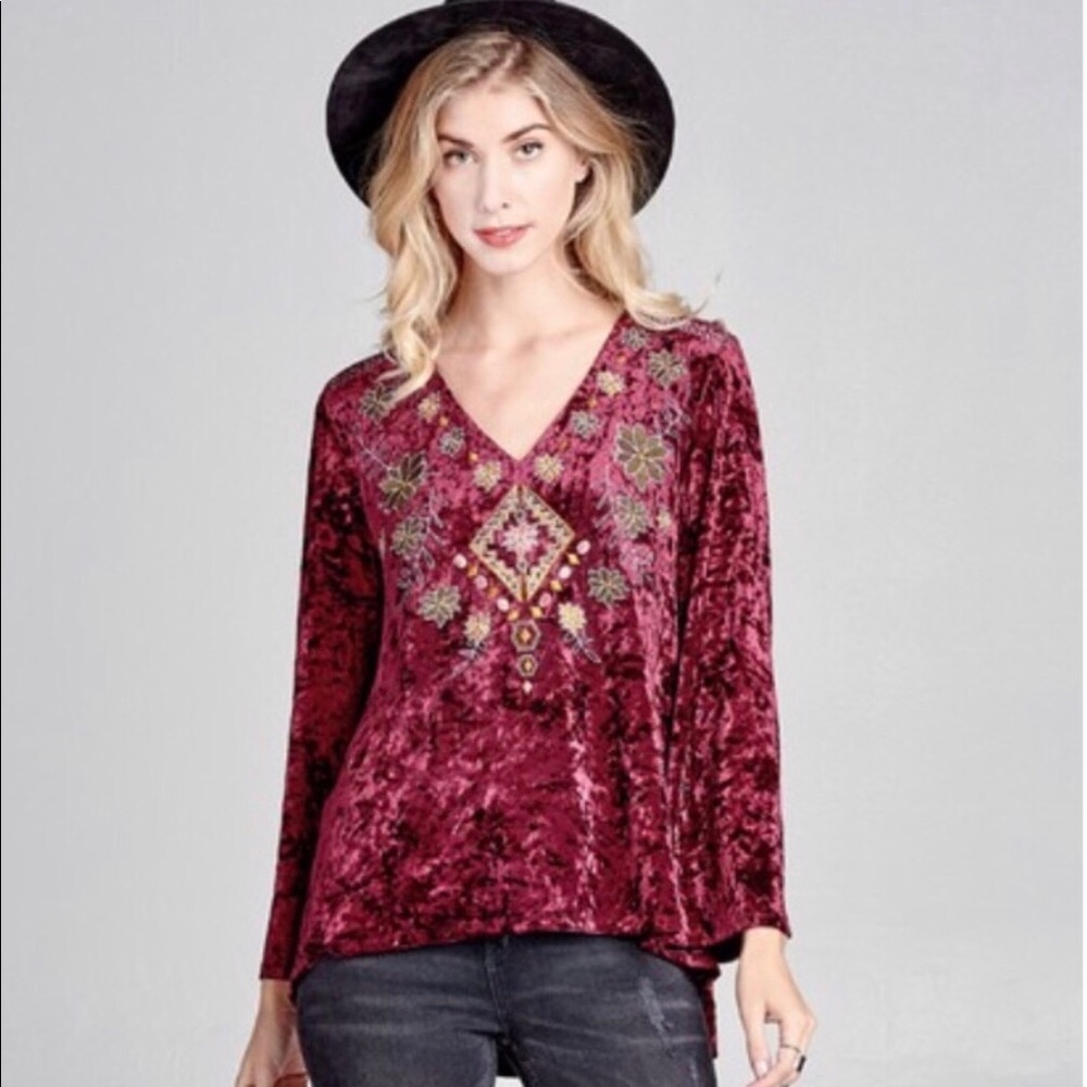 3/$30 Cranberry Bohemian Crushed Velvet Top - Picture 7 of 8